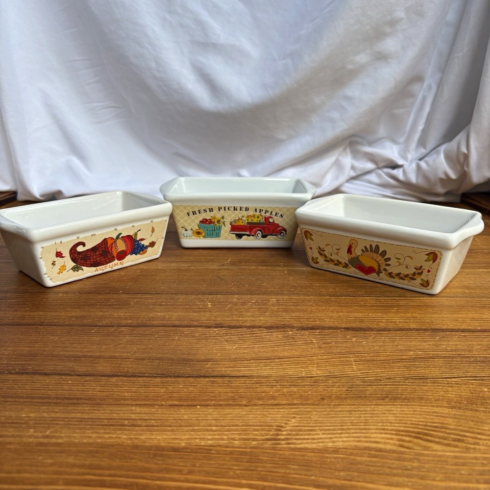 3pc Fall Autumn Ceramic Mini Loaf Pans Baking Dishes Harvest Apple Turkey